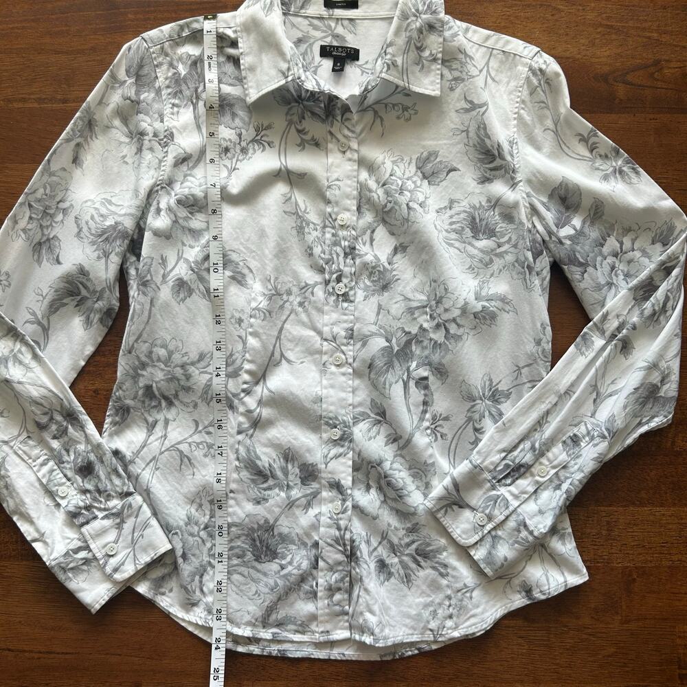 Talbots Size 8 Women’s Classic Tailored Button-Up, White with Gray Floral.” - Picture 7 of 10